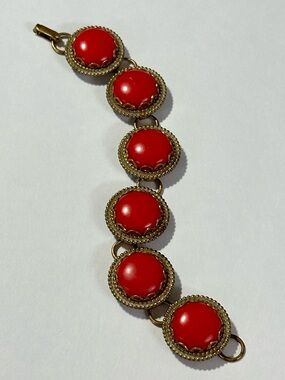 Bold Vintage Red Button Plastic Cabochon Link Bracelet 50s 60s Kidcore Pin Up